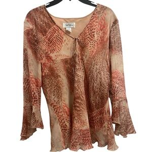 Vintage Silk Bob Mackie Sheer Blouse Bell Sleeve Fairycore Ruffle Hem Women's L